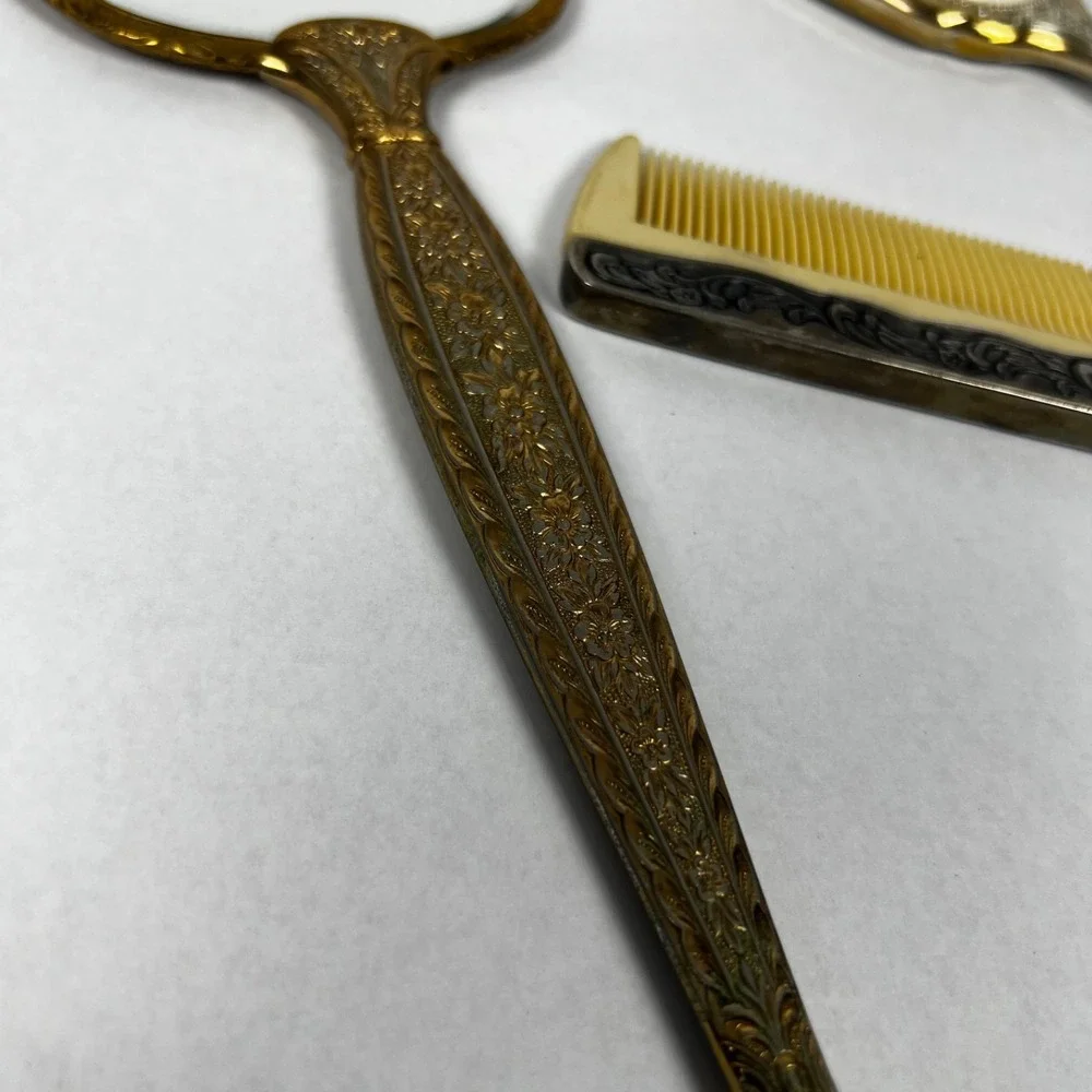 Towle Vanity Set Women OS Silver Gold Good Ornate Mirror Brush Comb 3pc Vintage